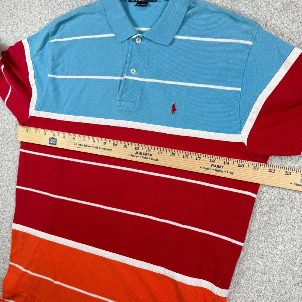 Polo Ralph Lauren Polo Shirt Mens L Blue Red Orange Striped Colorblock Pique